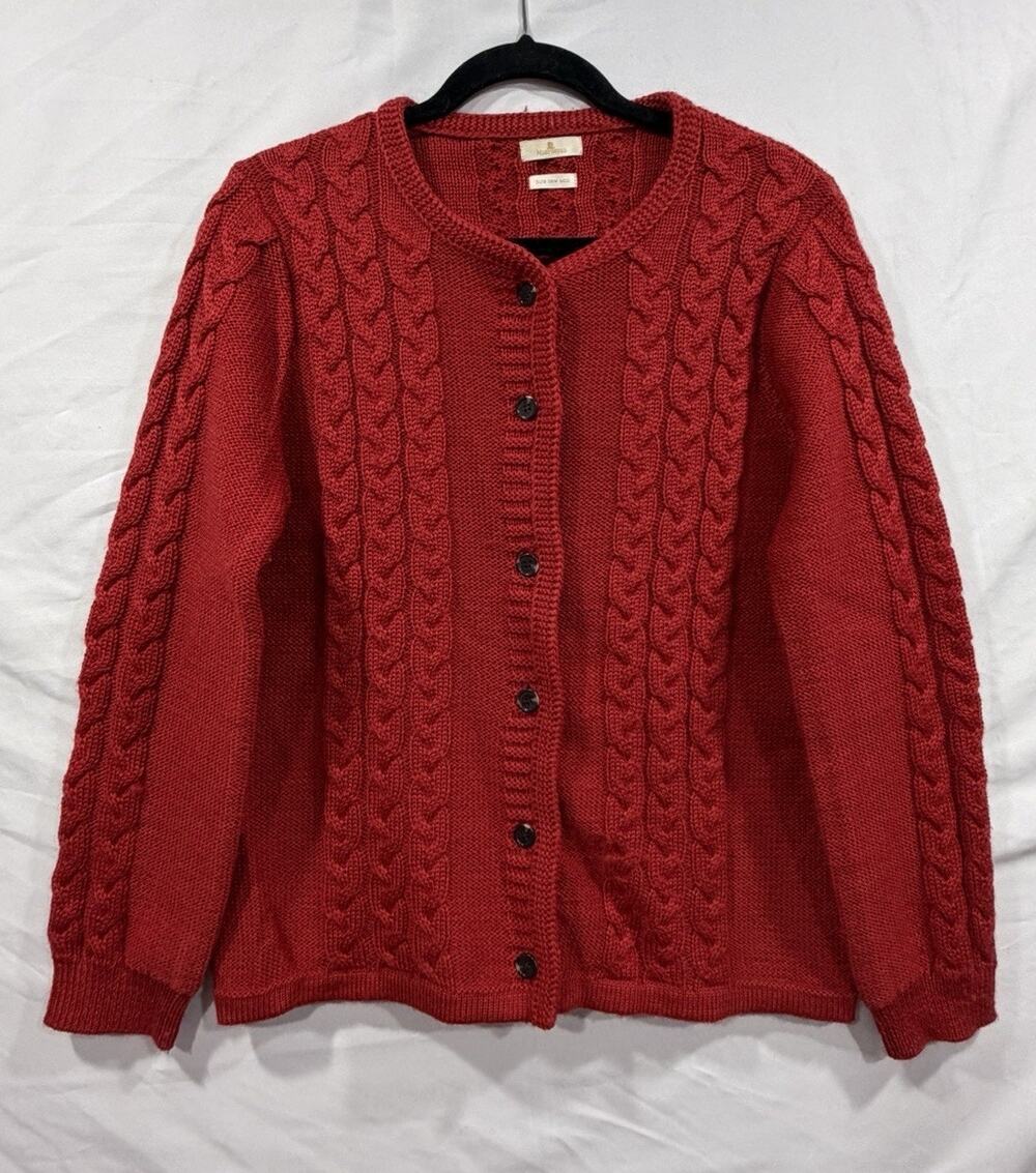 Vintage Red Cable Knit Button Cardigan Merino Aran Sweater, XL Grandmacore